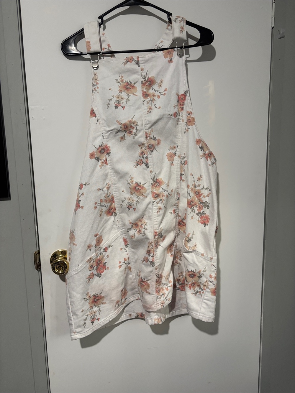 No Boundaries Denim White Floral Pinafore Dress with Peach Blooms